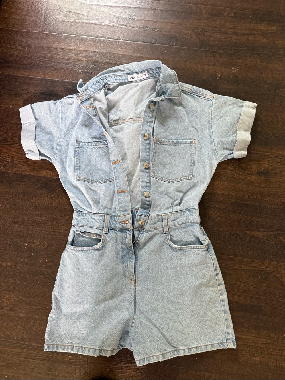 ZARA Faded Light Blue Denim Short Romper